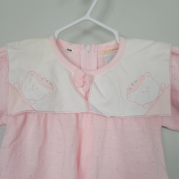 Friemanit Vintage Baby Girl 9 Months Light Pink Knit Outfit Square Collar Bear - Picture 2 of 8